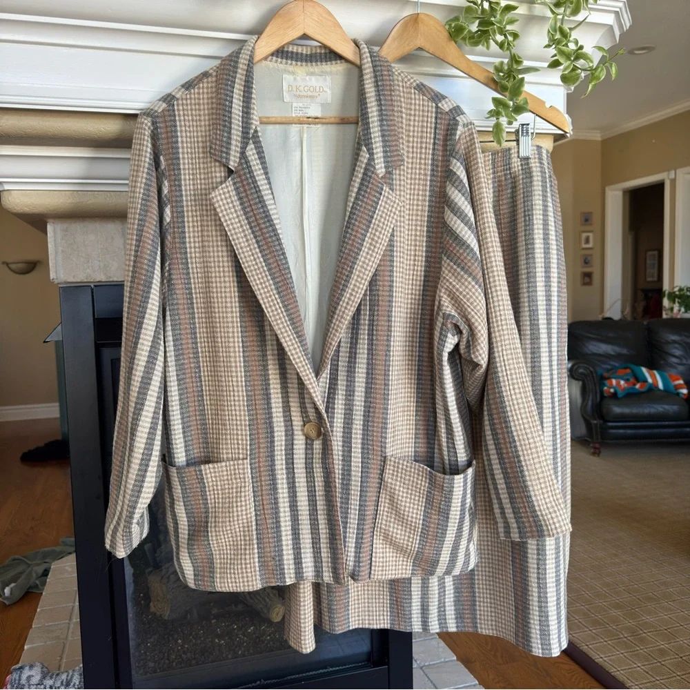Vintage 70s Wool Blend Mod Stripe Brown Tan‎ Blazer Skirt Set Work Wear Size 16
